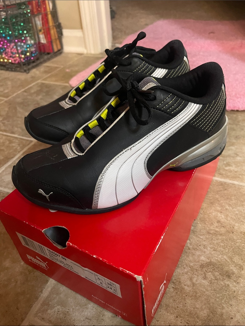 Women’s Puma Ezella Lite  Black Silver metallic White with Neon Yellow Accents